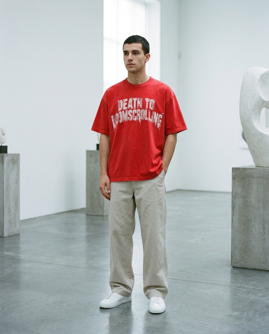 Man in the red Death to Doomscrolling tee